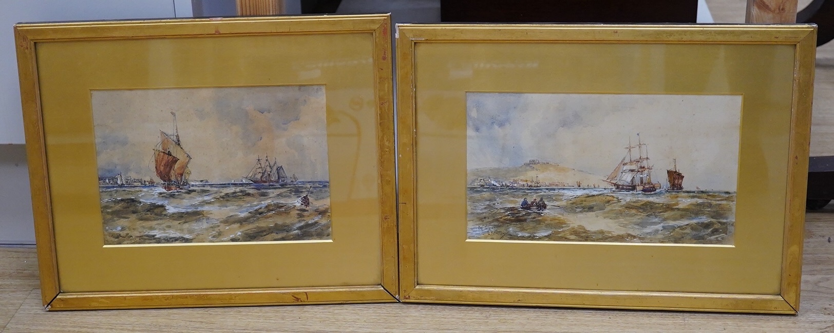 Ernest Railton (19th. C), pair of heightened watercolours, Shipping scenes including ‘Off Dover’, each signed and dated 1909, 16.5 x 24cm, gilt framed. Condition - poor to fair